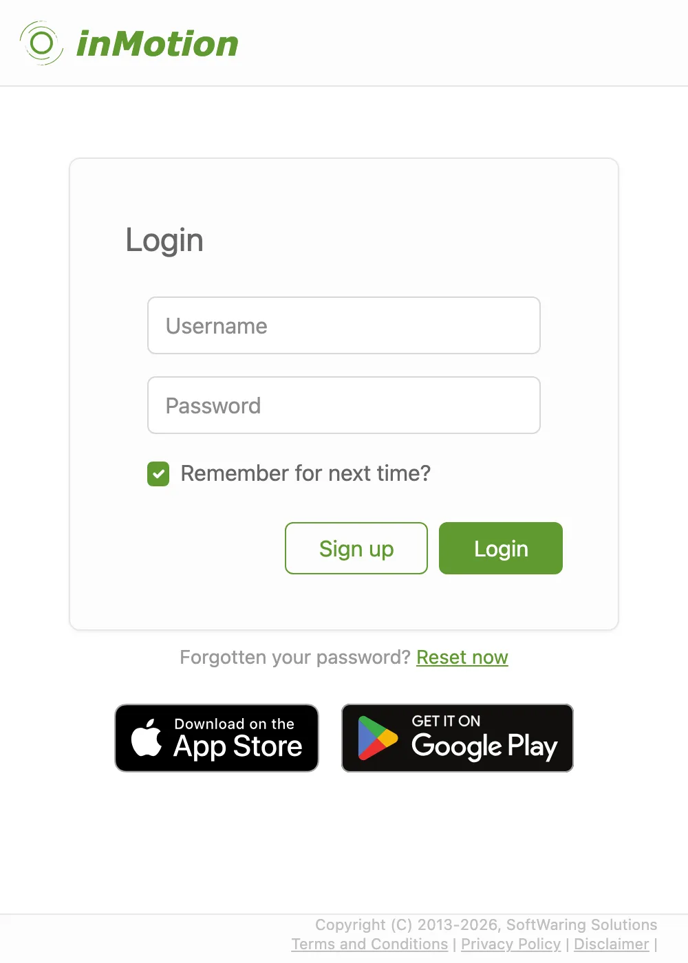 The inMotion login form