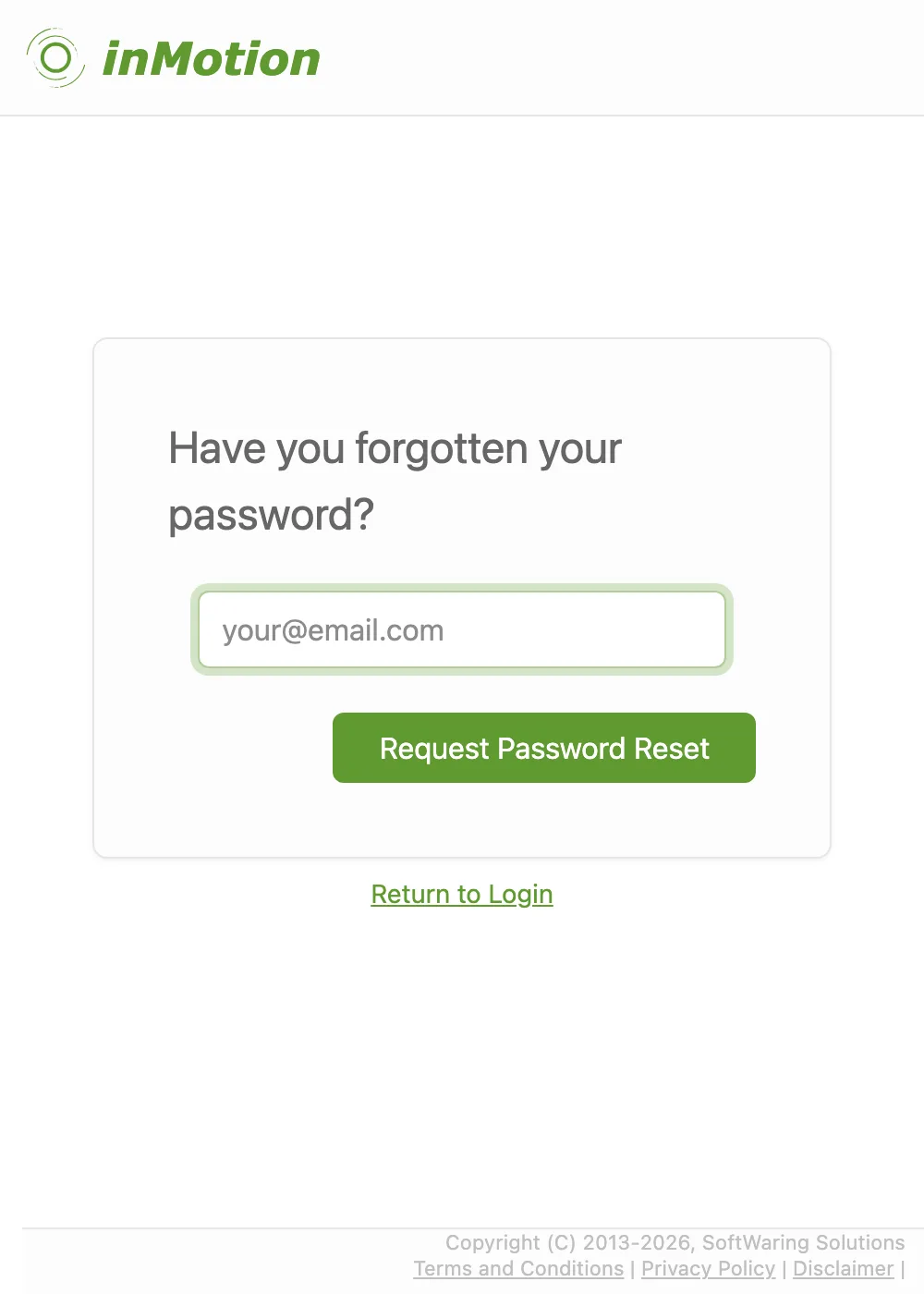 The inMotion password reset form