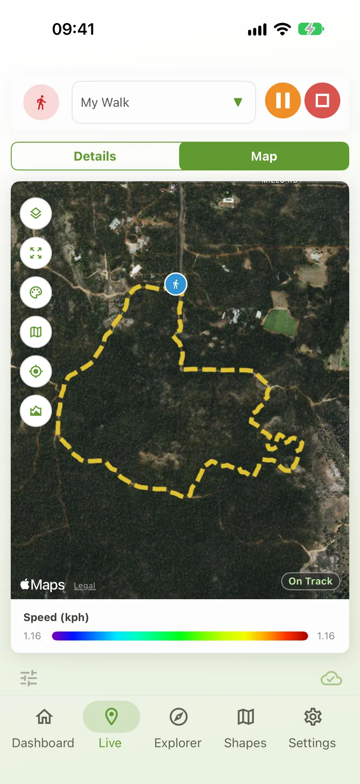 The inMotion Track app showing a recorded route on a map