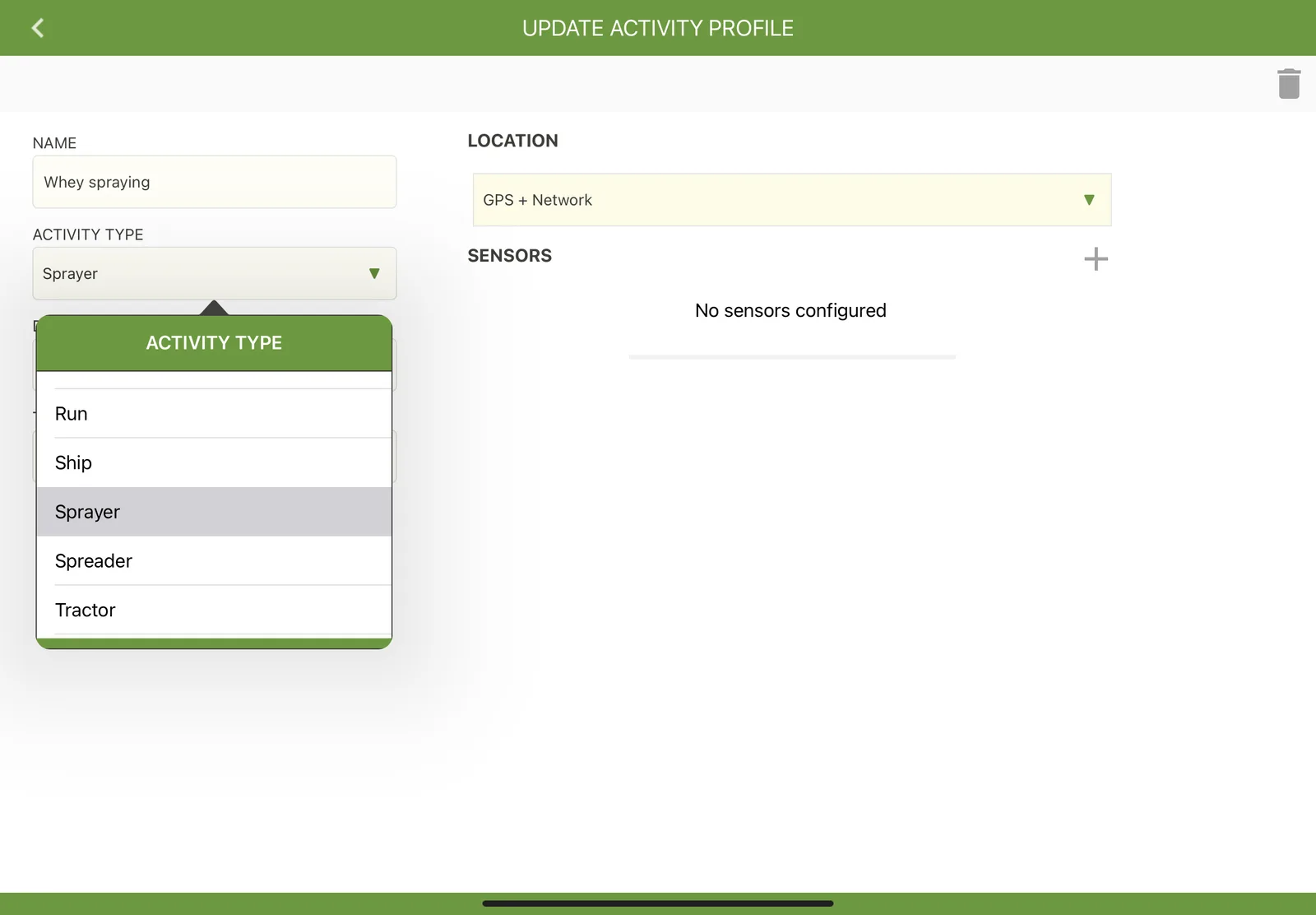 Choosing an activity type for a profile on an iPad