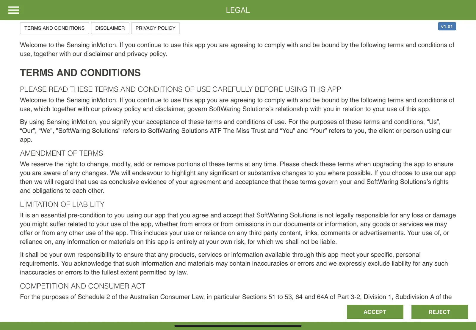 The end user license screen on an iPad, with Accept and Reject buttons