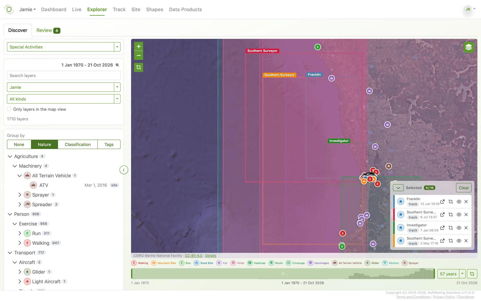 The Explorer Discover tab with the Special Activities Folio open, a finder on the left, two ship tracks selected on the map and a time bar below