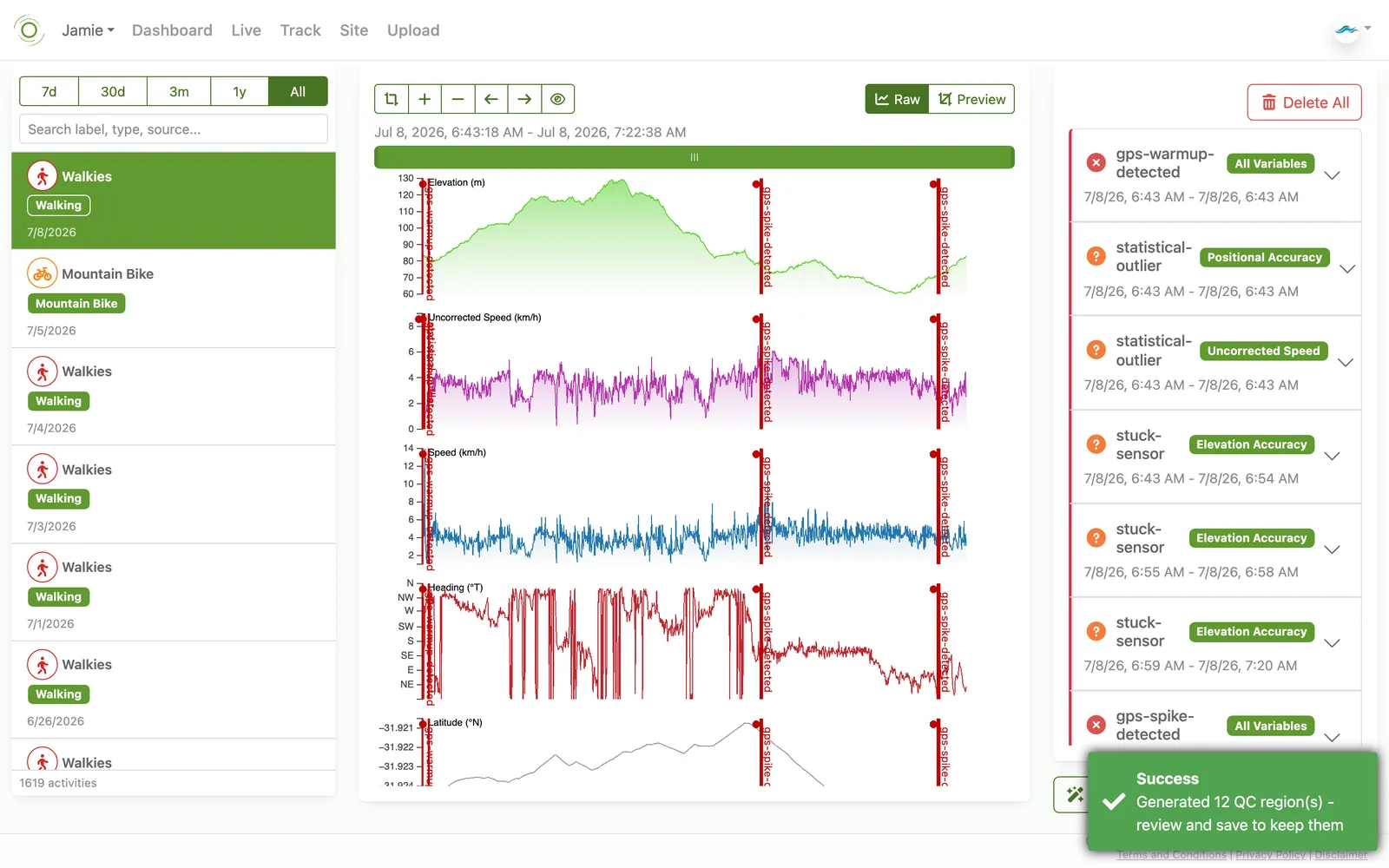 The Quality Control screen showing flagged data quality regions on a track's variables