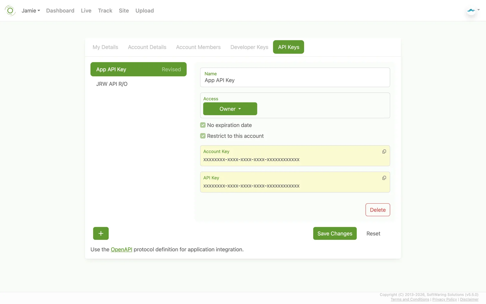 The API Keys settings tab