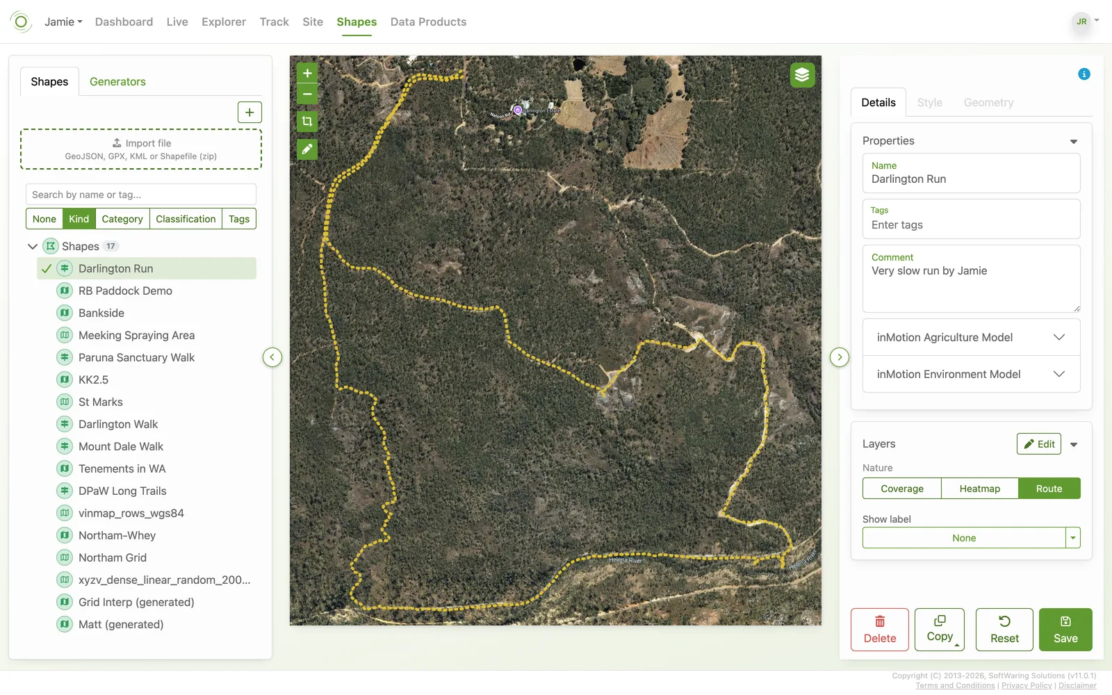 The Shapes screen showing a list of shapes, a route drawn on the map and its properties on the right