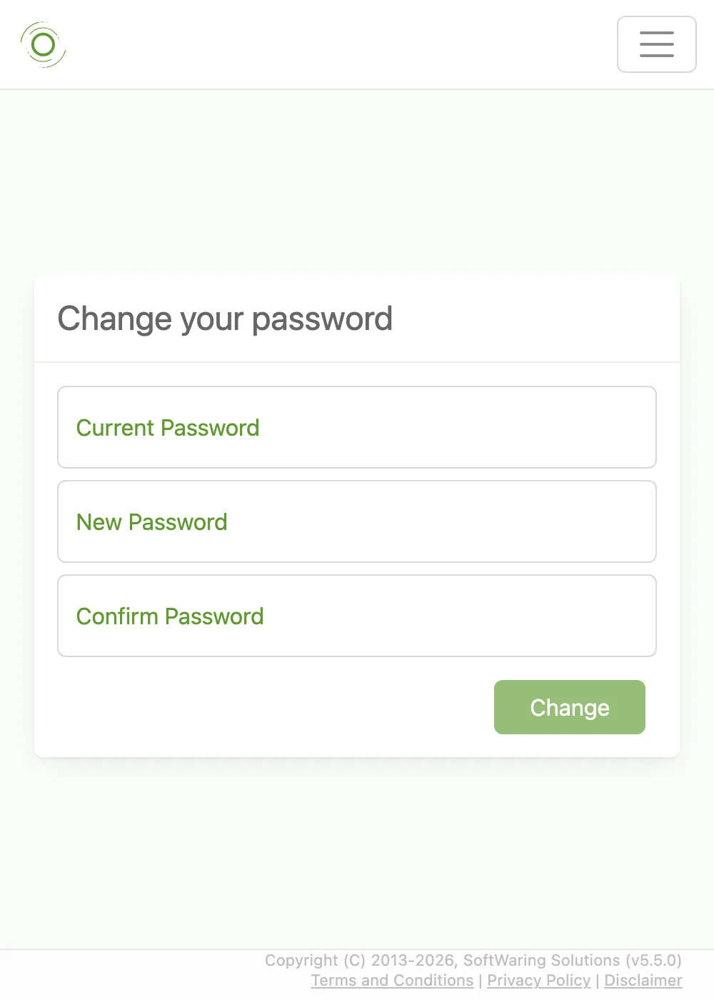 The Change Password form
