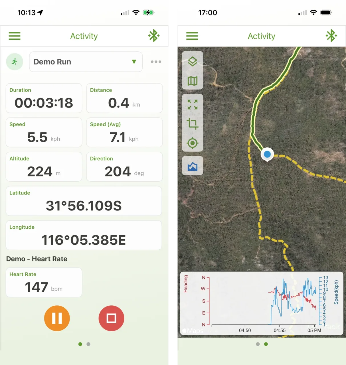 inMotion Track - Recording an activity, with a live map view